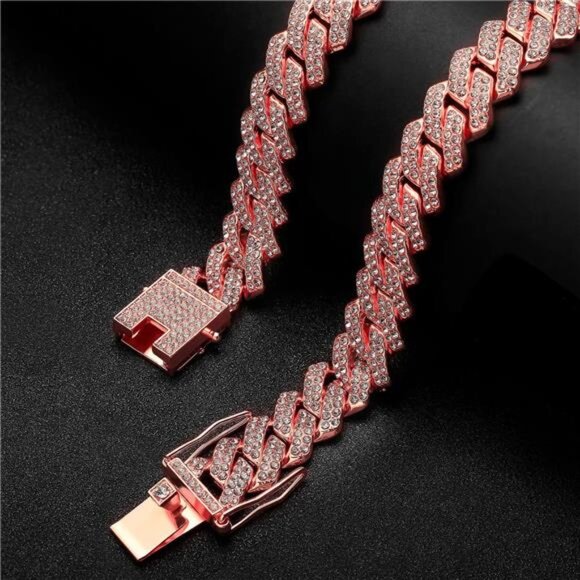 Rose Gold Cuban Link Chain For Men Women Iced Out Chain Miami Cuban Necklace - Picture 2 of 5